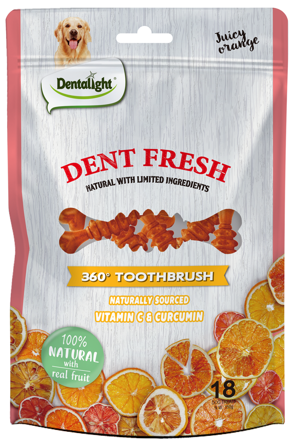 Dent Fresh 360° Toothbrush Treat 150g Immunity Orange - Vitamin C & Turmeric (Curcumin) 18pcs 150g