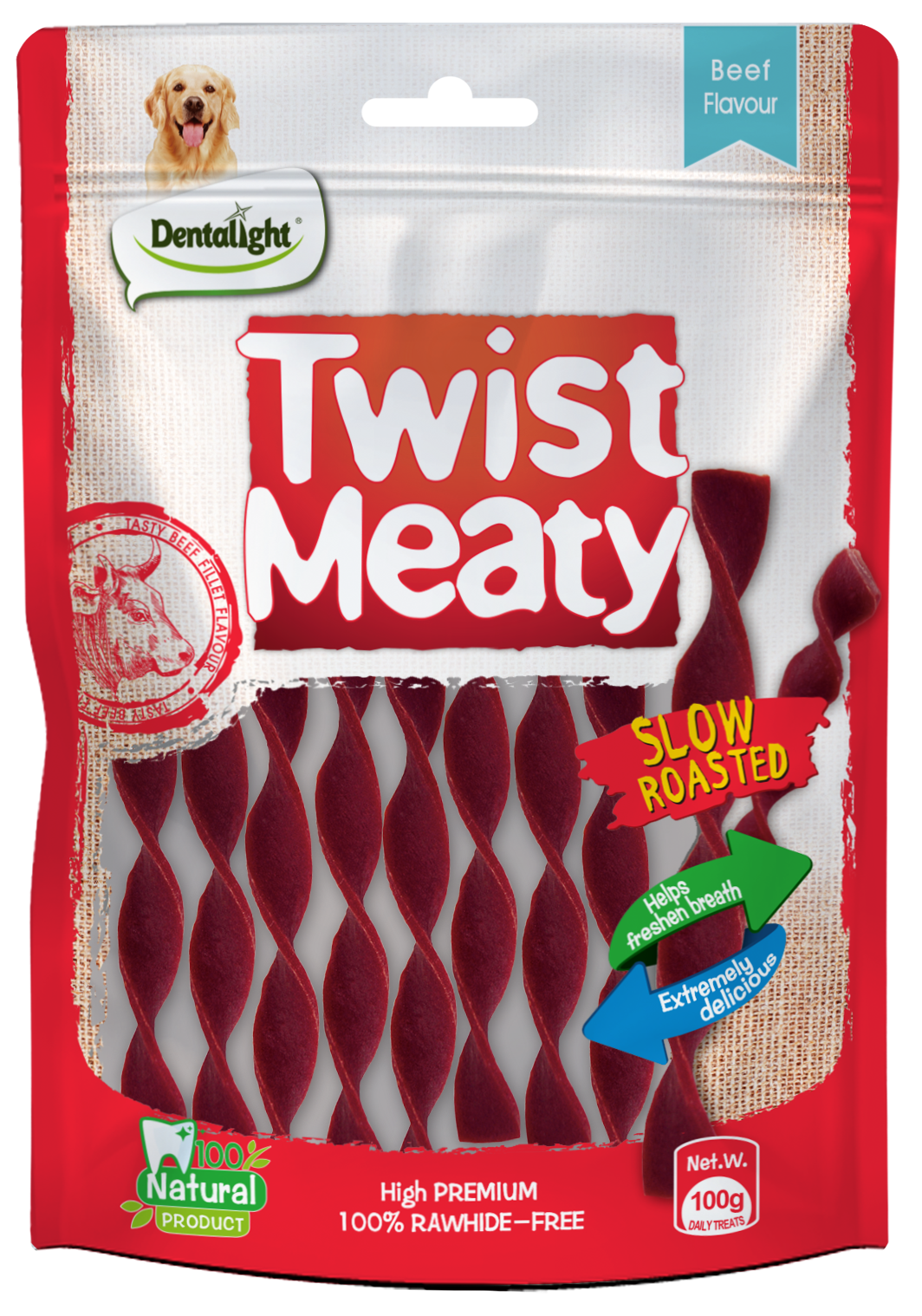 Dentalight Meaty Twist Dog Treats Beef Flavor Slow Roasted Jerky 100 Grams