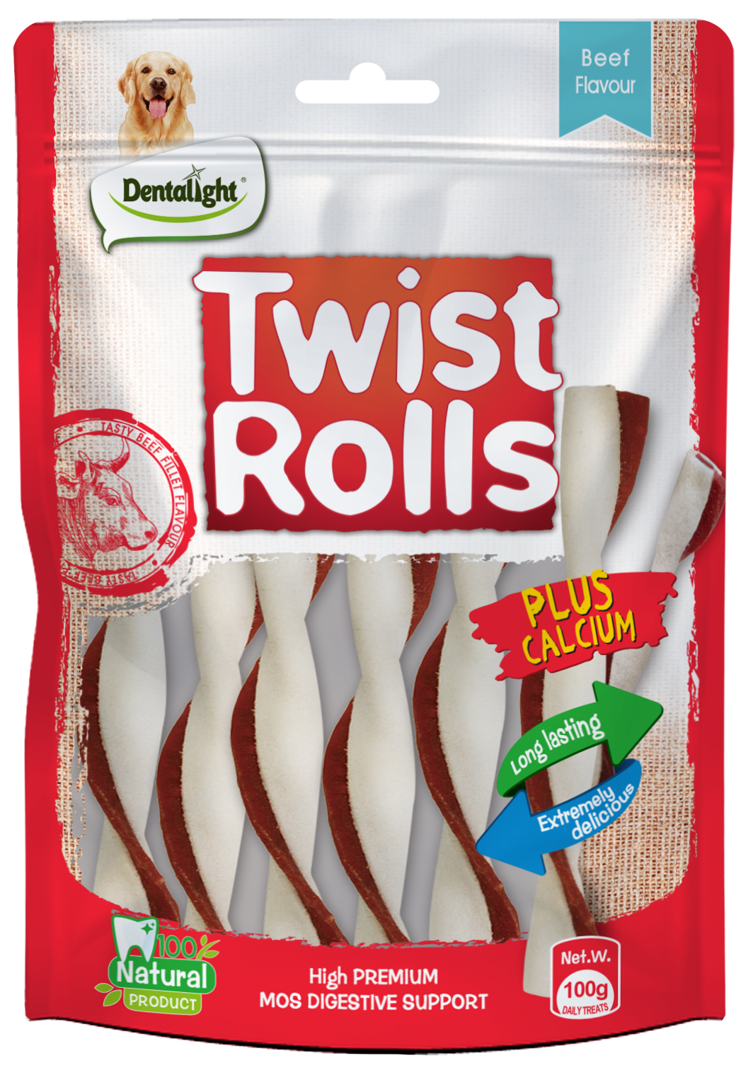 Dentalight Rawhide Rolls Twist Dog Treats Beef Flavor With Calcium 100 Grams
