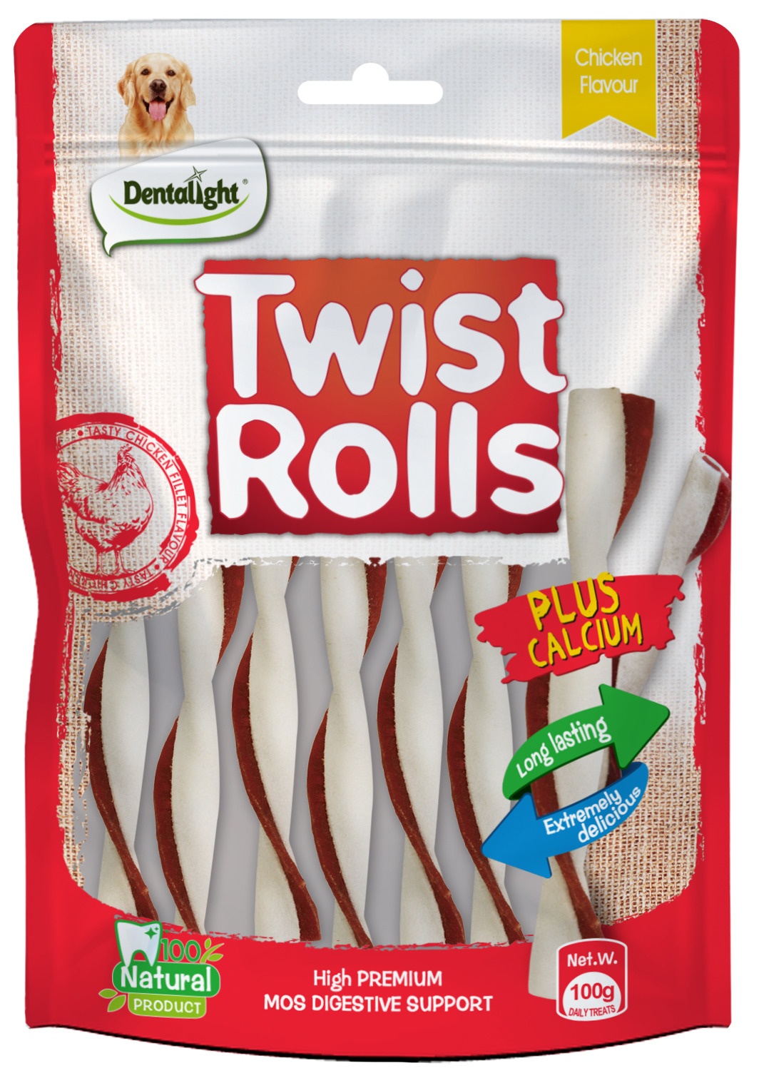 Dentalight Rawhide Rolls Twist Dog Treats Chicken Flavor With Calcium 100 Grams