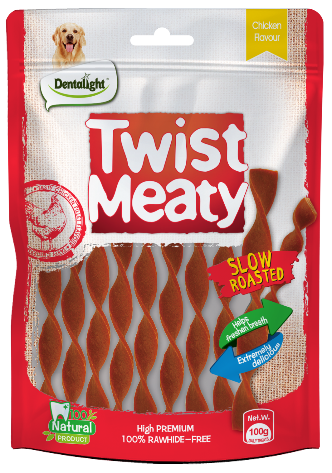 Dentalight Meaty Twist Dog Treats Chicken Flavor Slow Roasted Jerky 100 Grams